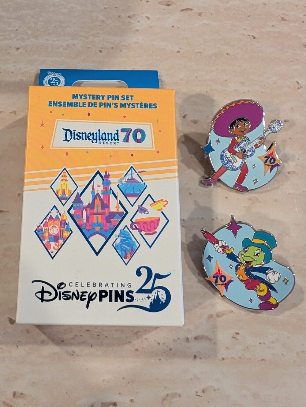 Disneyland 70th Mystery Pin Set 2025 - Jiminy Cricket and Miguel